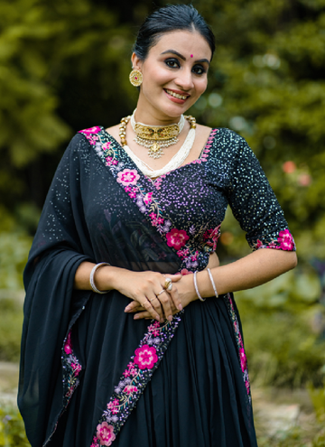 Interesting Thread Embroidered Georgette Black Lehenga Choli For Women